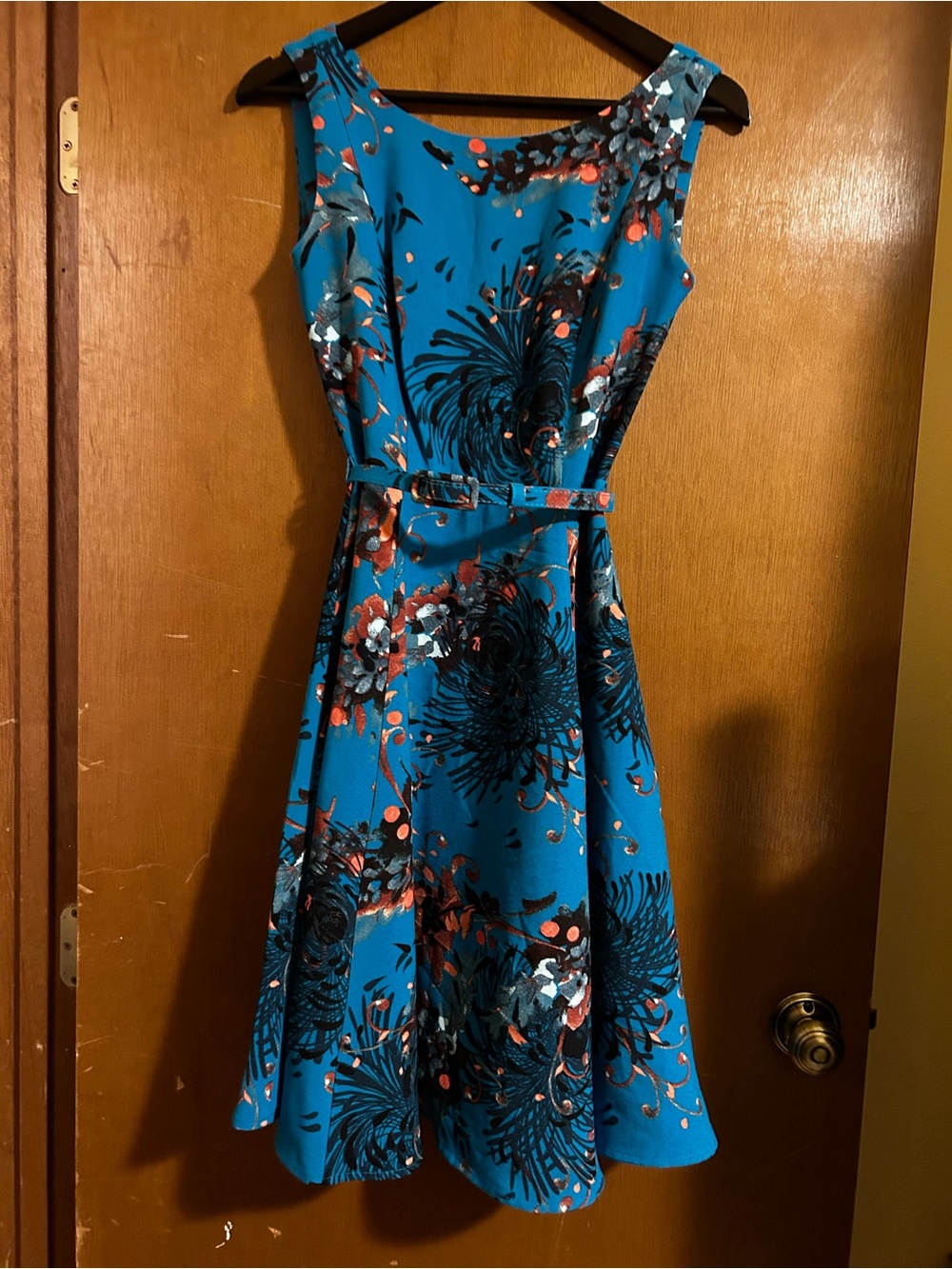 New York & Company Teal Floral Fit-and-Flare Dress with Belt